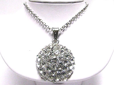 Crystal stud puffy round pendant long chain necklace
