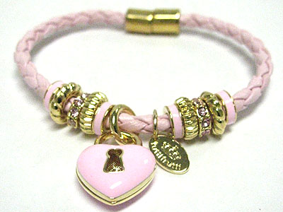 Tutti frutti crystal ring and heart lock charm braided cord magnetic clasp bracelet