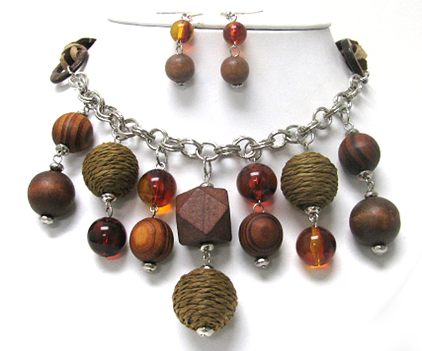 Mixed wood ball and facet glass beads dangle necklace earring set