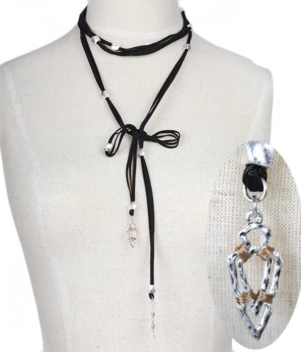 Hammered arrowhead and long leatherette cord choker necklace