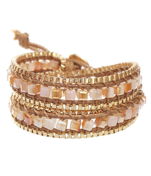 Facet glass bead and metal chain mix wrap bracelet