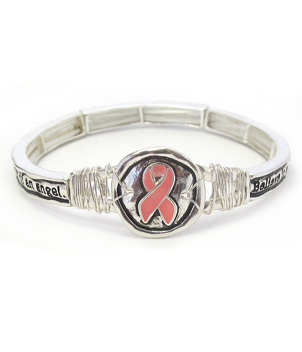 Breast cancer theme pink ribbon wire wrap message stretch bracelet - angel blessing