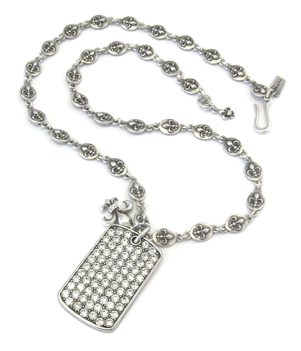 Mens stainless steel metal chain necklace - crystal dogtag and crown pendant