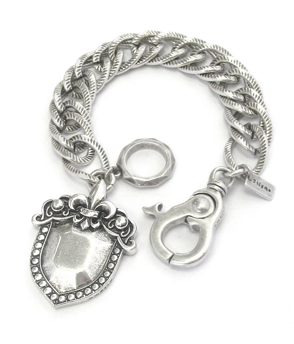 Mens stainless steel chain bracelet - fleur de lis shield charm - 9 inch