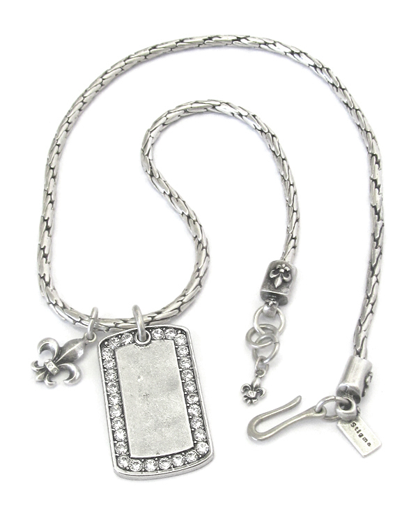 Mens stainless steel metal chain necklace - crystal dogtag and fleur de lis pendant