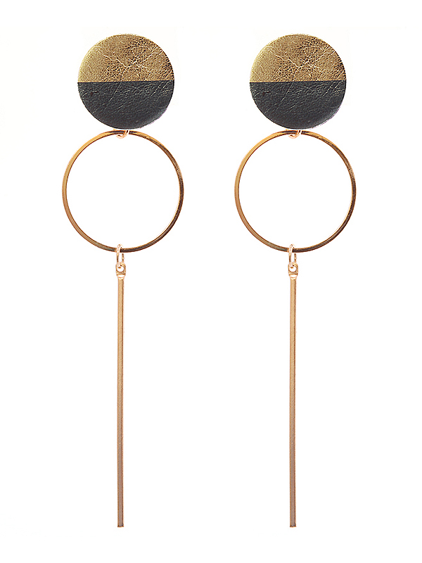 Metal hoop and leather disc earring