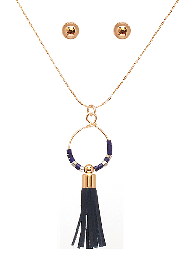 Leather tassel and bead metal ring pendant necklace set