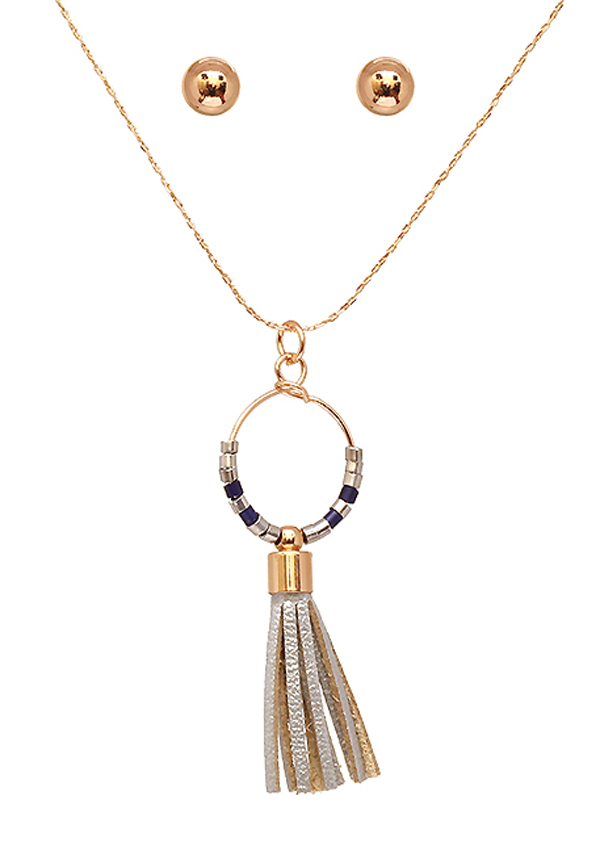 LEATHER TASSEL AND BEAD METAL RING PENDANT NECKLACE SET