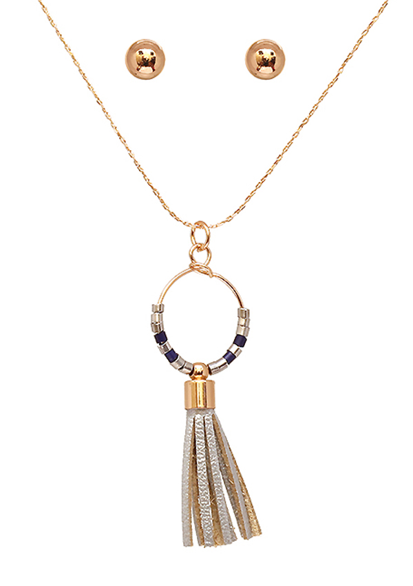 Leather tassel and bead metal ring pendant necklace set