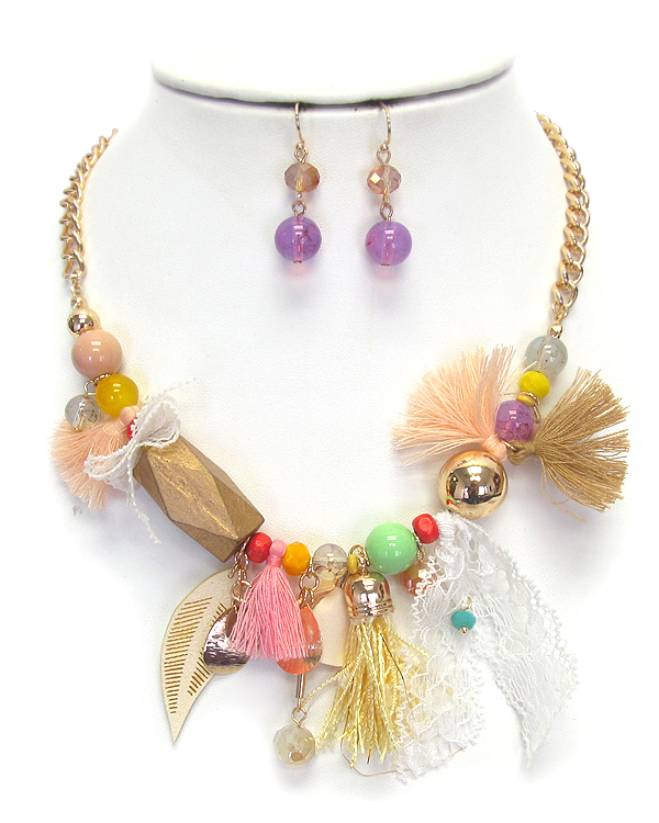 Thread tassel and multi bead necklace set