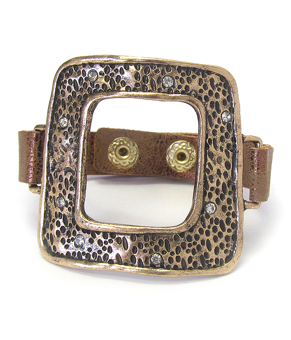 Textured metal and leather band bracelet - square