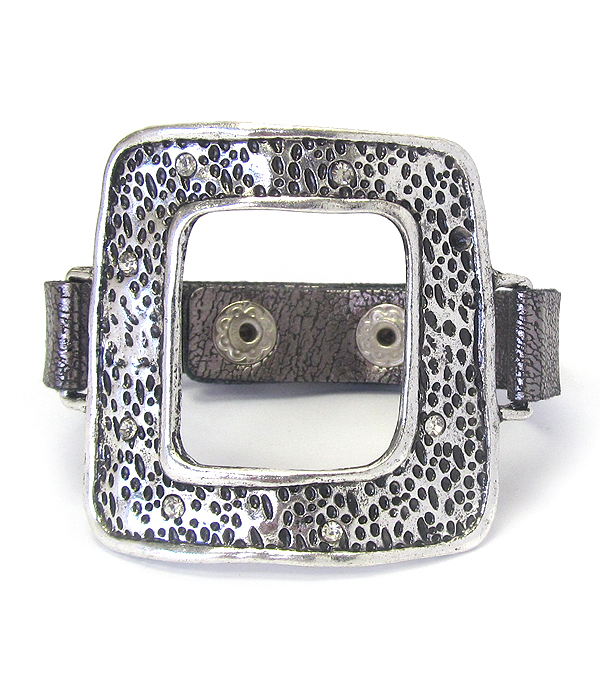 Textured metal and leather band bracelet - square