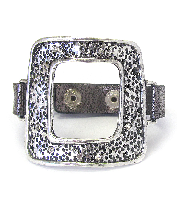 TEXTURED METAL AND LEATHER BAND BRACELET - SQUARE