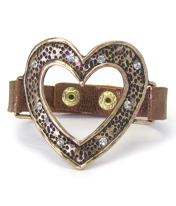 TEXTURED METAL AND LEATHER BAND BRACELET - HEART