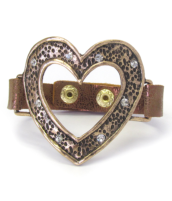 Textured metal and leather band bracelet - heart
