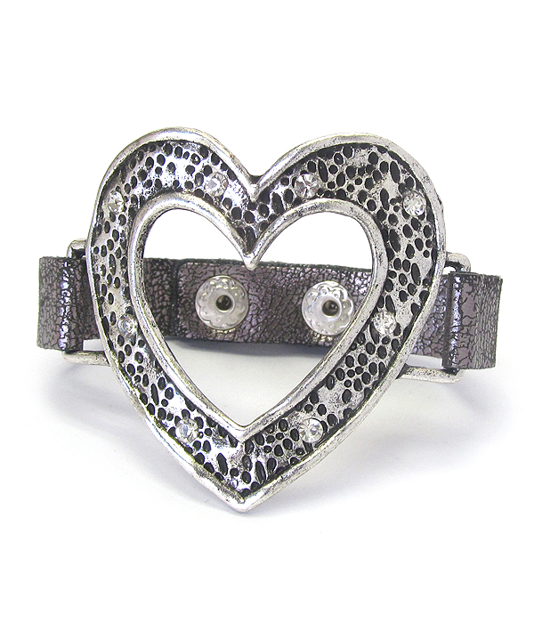 TEXTURED METAL AND LEATHER BAND BRACELET - HEART