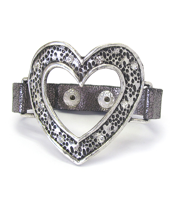 Textured metal and leather band bracelet - heart