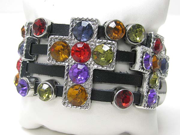 Crystal stud cross and multi suede stretch bracelet