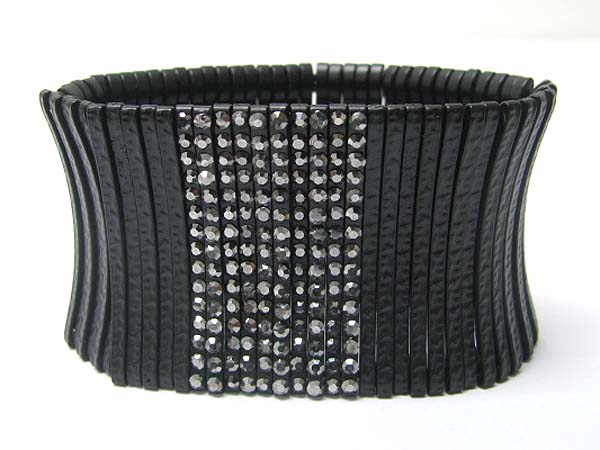 Crystal accent thin metal bar link stretch bracelet