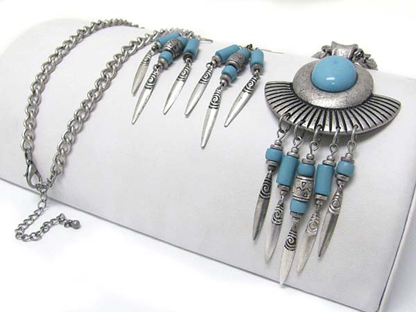 Ethnic style metal stone dangle long chain necklace earring set