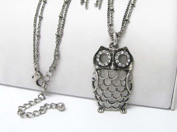 Crystal stud owl pendant long chain necklace