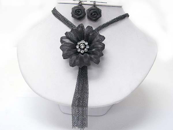 Crystal stud fabric mesh flower and chain tassel drop necklace earring set