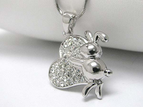 Made in korea whitegold plating crystal stud heart hugging bunny pendant necklace