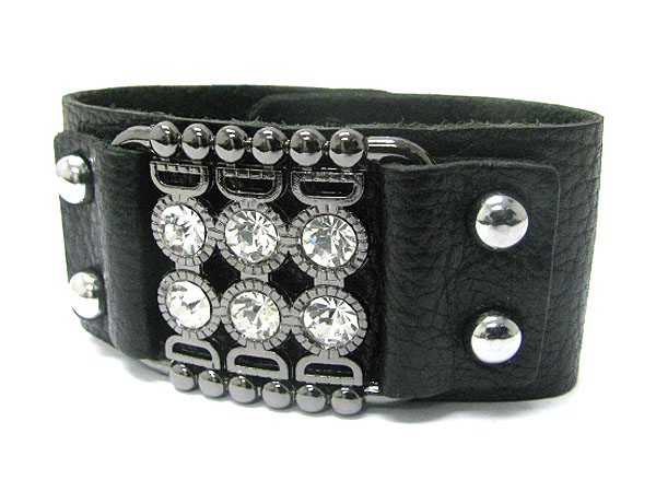 Crystal and metal stud leather wrist band