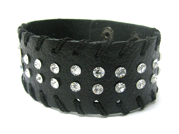 CRYSTAL STUD AND LACE THREAD LEATHER WRIST BAND