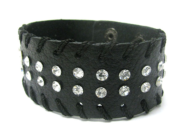 Crystal stud and lace thread leather wrist band