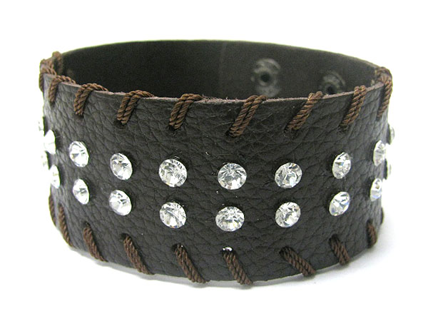 CRYSTAL STUD AND LACE THREAD LEATHER WRIST BAND