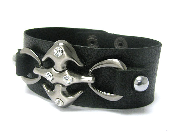 Crystal stud and metal hook leather wrist band