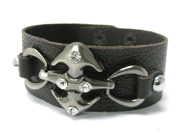Crystal stud and metal hook leather wrist band