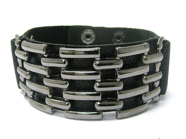 Metal bar link leather wrist band