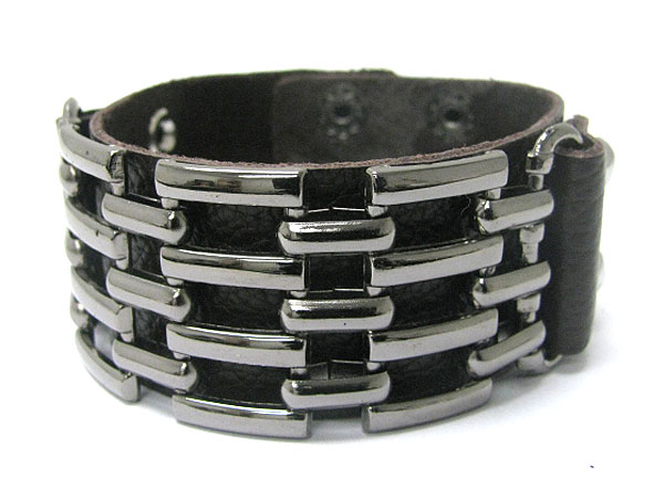 Metal bar link leather wrist band