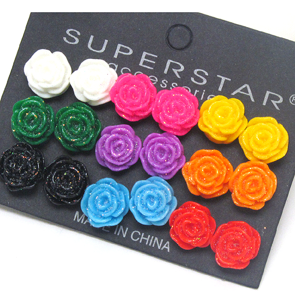 Glittering acrylic rose earrings - mixed color 9 pair set mens jewelry