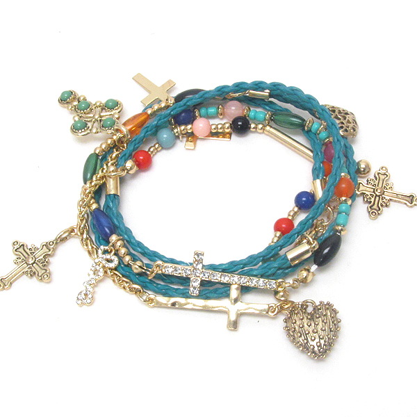 Multi crystal cross and love theme charm and leatherette band wrap bracelet