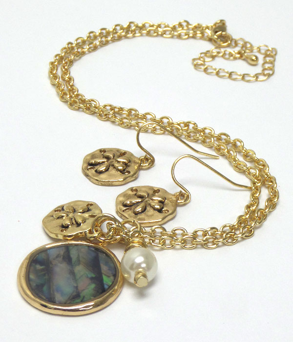 Sand dollar abalone stone with pearl necklace set