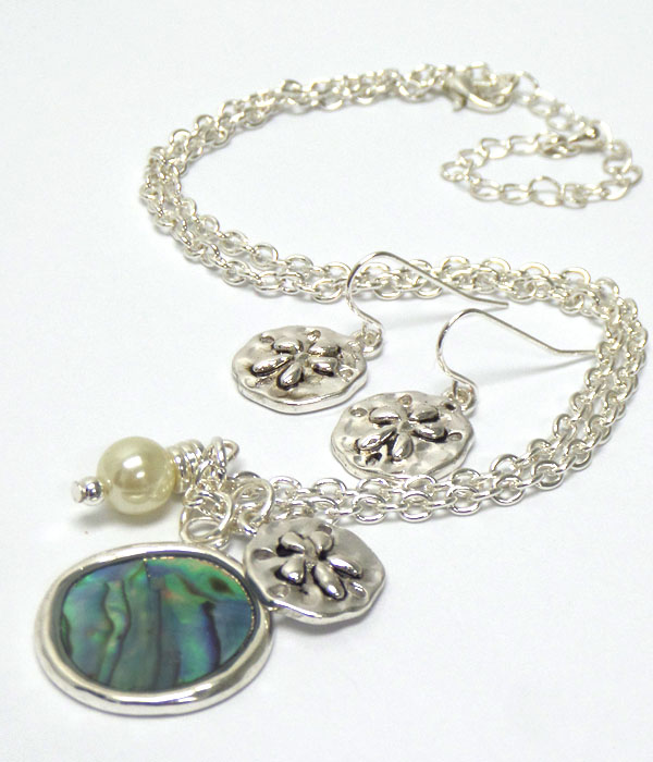 Sand dollar abalone stone with pearl necklace set