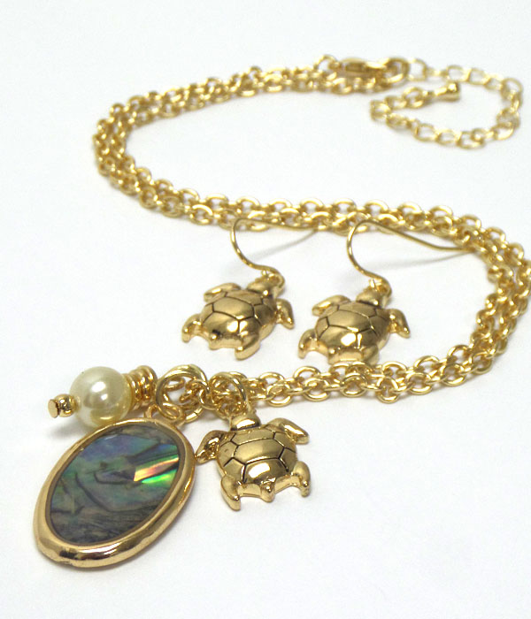 Turtle abalone stone with pearl necklace set 