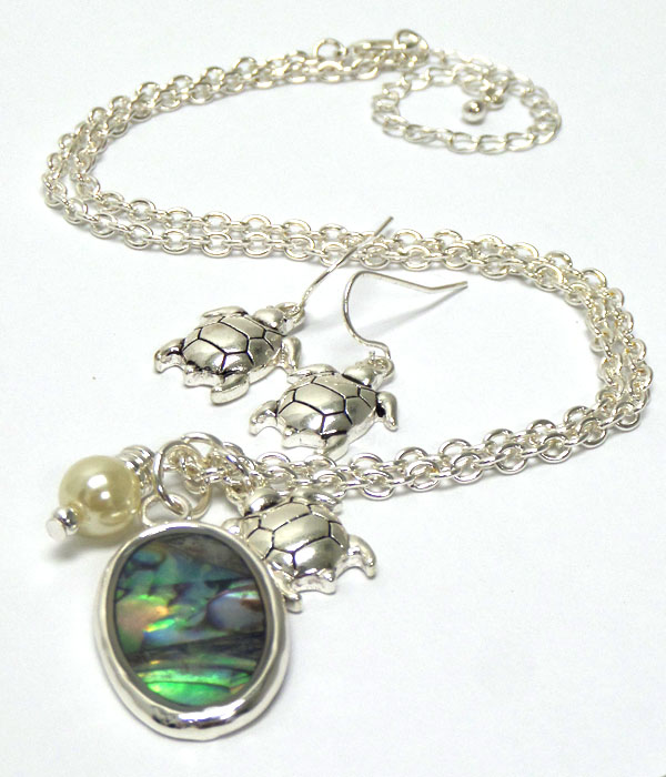 Turtle abalone stone with pearl necklace set 