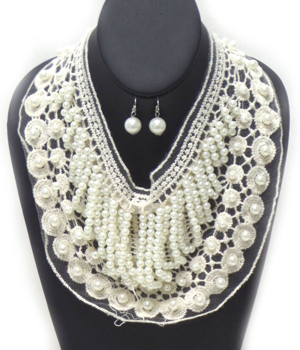 Lace with multi size pearls necklace set