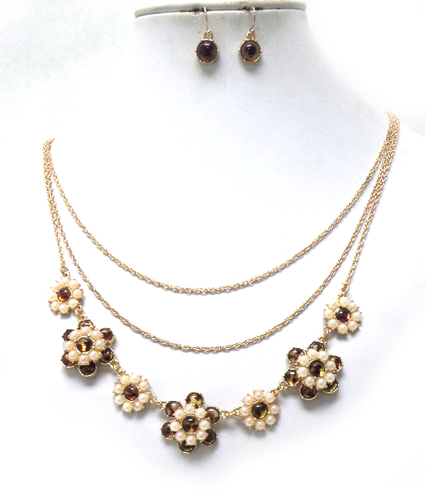 Three layer of chain with linked flowers necklace set