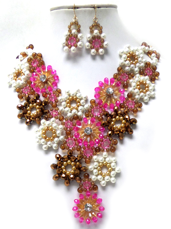 Handmade multi pearls and beads drop linked flowers necklace set