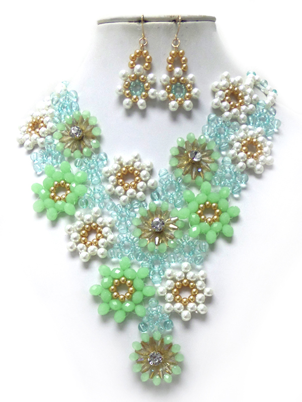 Handmade multi pearls and beads drop linked flowers necklace set