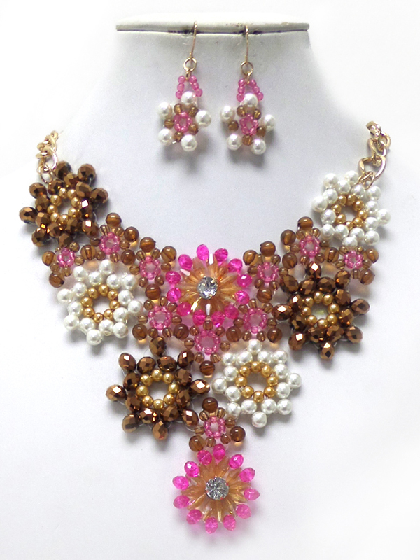 Handmade multi pearls and beads drop linked flowers necklace set