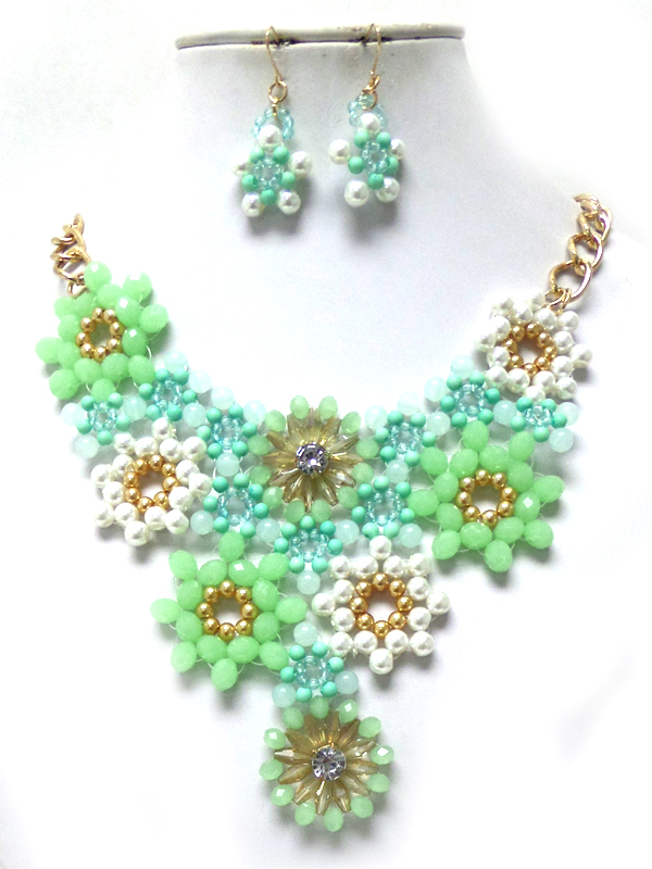 Handmade multi pearls and beads drop linked flowers necklace set