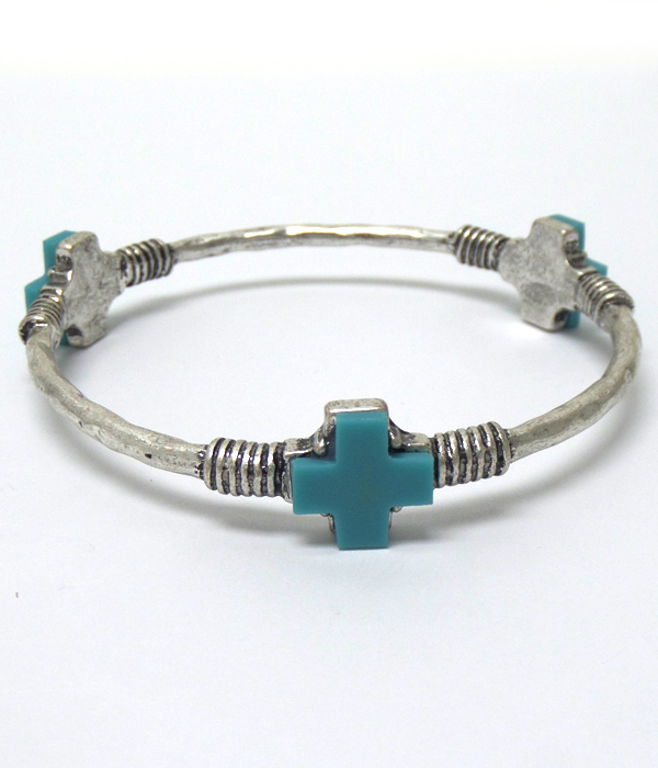 Turquoise stone cross burn silver bangle bracelet 