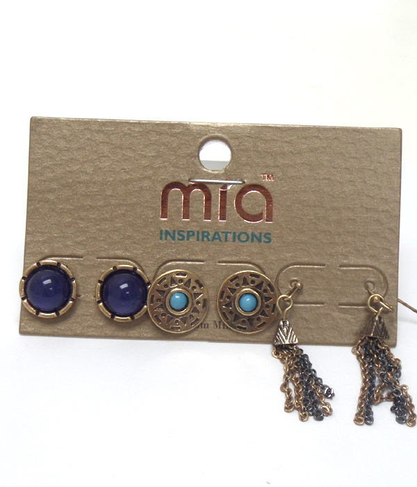 Stud with tassel drop three pair earrings 