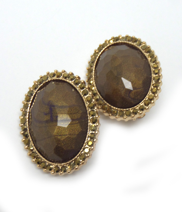 Oval stone with crystals border clip on earrings 